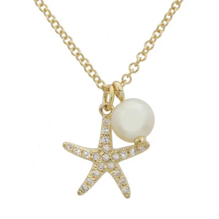 vintage diamond drop necklace 14K Yellow Gold Starfish Pearl Pendant