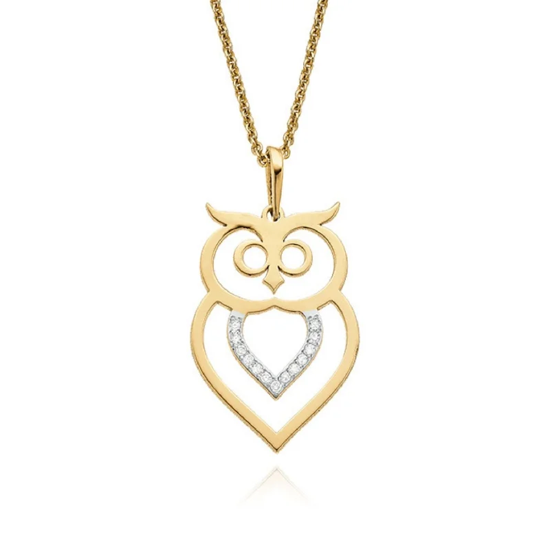 vintage lock and key necklace 9ct Yellow Gold Diaset Owl Pendant
