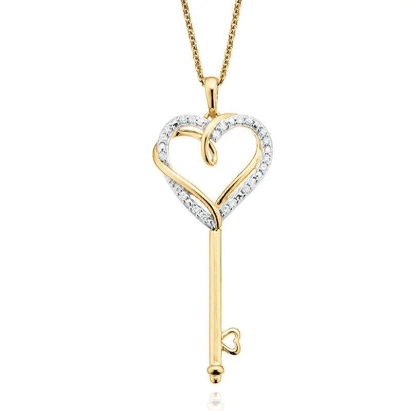 leather cuff bracelet men 9ct Yellow Gold Round Brilliant Cut Heart & Key with 0.10 CARAT tw of  Diamond Pendant
