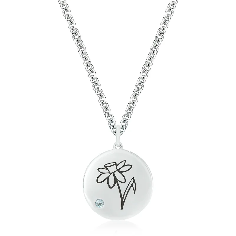 fine silver herringbone necklace Sterling Silver 2mm Aquamarine Daffodil March Pendant fine silver herringbone necklace Sterling Silver 2mm Aquamarine Daffodil March Pendant