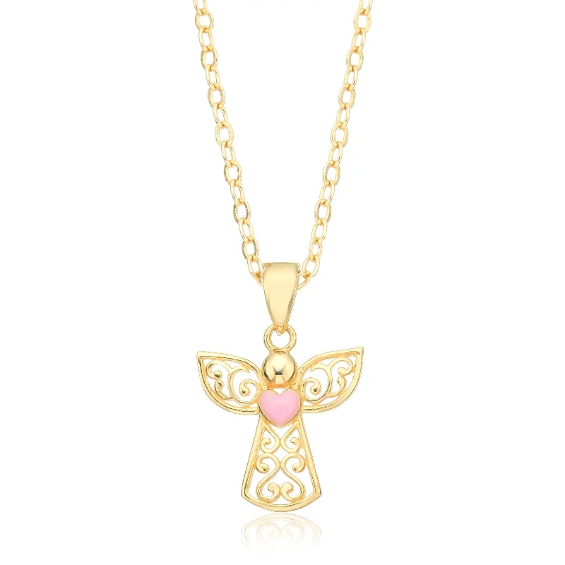 unique emerald green ring 9ct Yellow Gold Round Pink Enamel Heart Angel Pendant