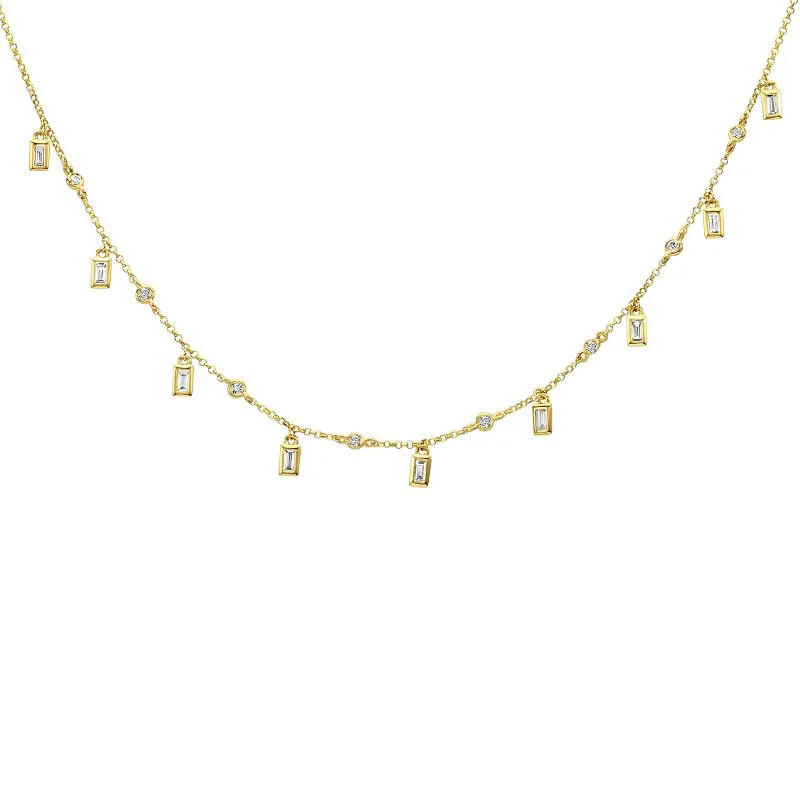 handcrafted gemstone ring women 14K Yellow Gold Baguette and Round Diamond Layering Necklace