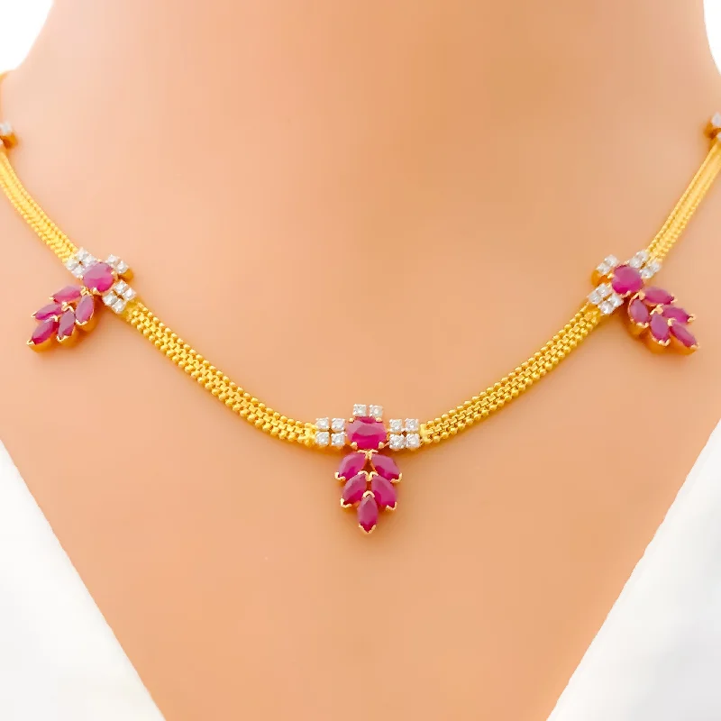 large statement turquoise ring Blooming Ruby Flower Diamond + 18k Gold Necklace