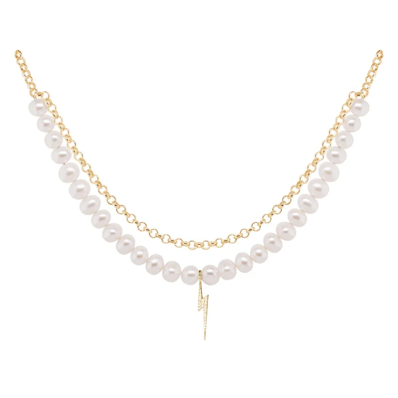 Bolt Gold Plated Necklace w. Pearl & Zirconia