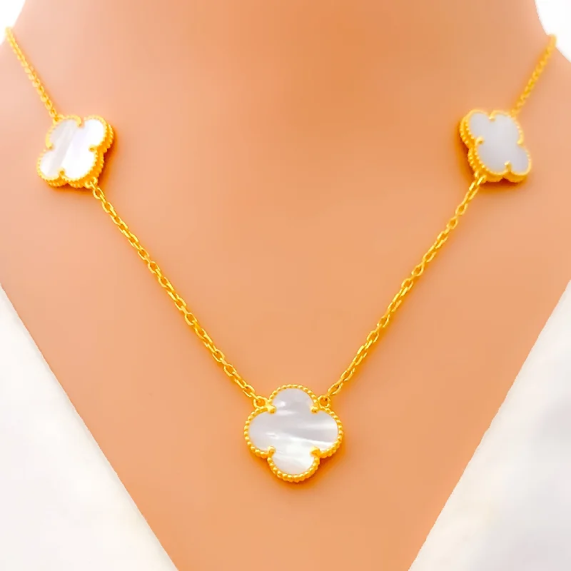 layered gold coin pendant necklace Delicate Pearlescent 21k Gold Clover Necklace