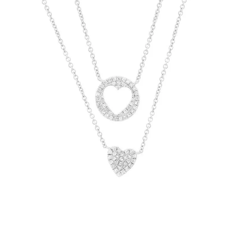 delicate floral wedding band 14K White Gold Diamond Double Heart Necklace