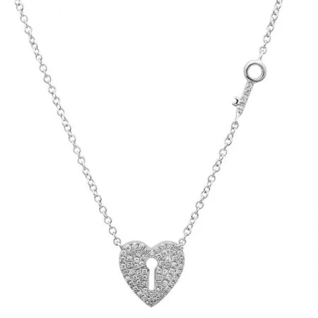 personalized gemstone pendant necklace 14K White Gold Diamond Heart Lock and Key Necklace