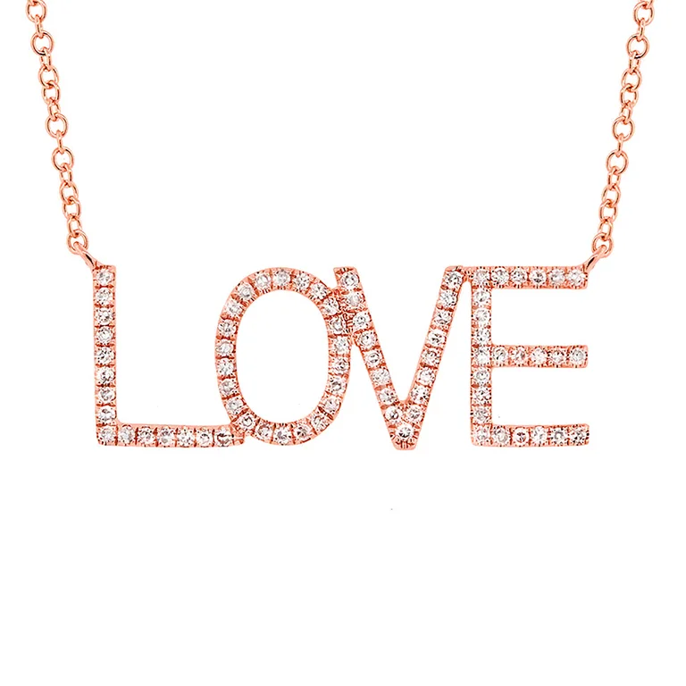 celestial sunburst necklace gold 14K Rose Gold Diamond "LOVE" Necklace