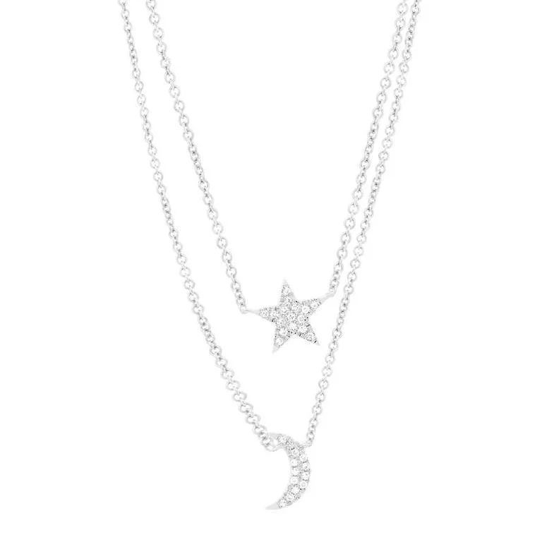 vintage-inspired moonstone necklace 14K White Gold Diamond Moon & Star Double Necklace vintage-inspired moonstone necklace 14K White Gold Diamond Moon & Star Double Necklace