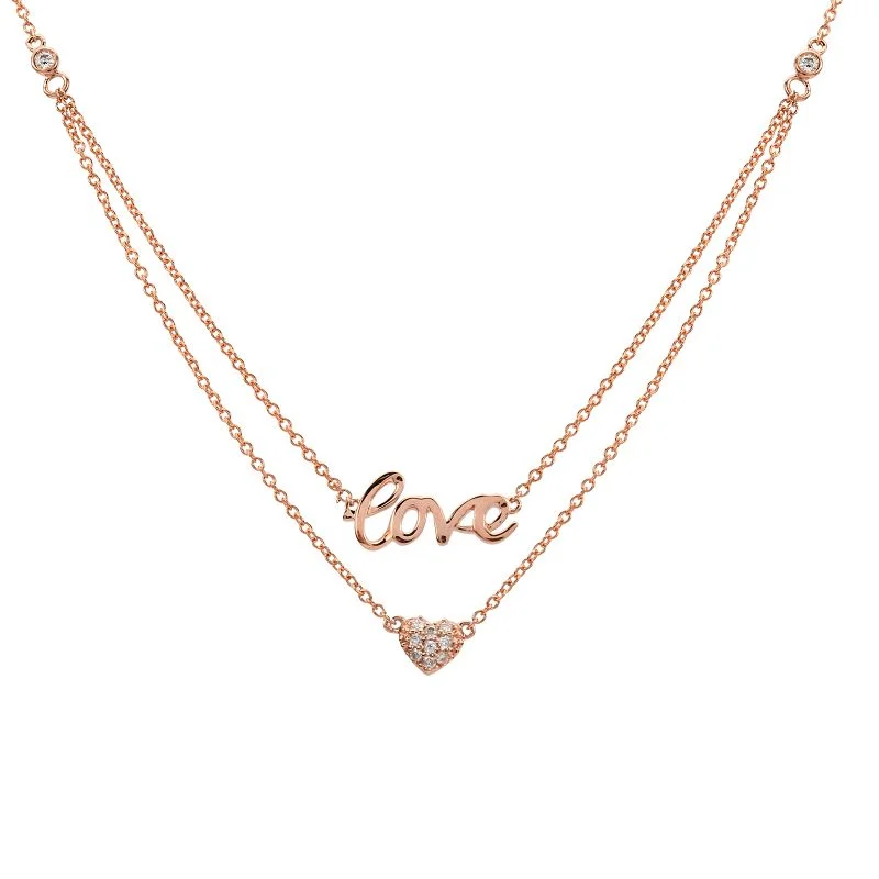 personalized zodiac birthstone necklace 14K Rose Gold Layered Diamond Love + Heart Necklace