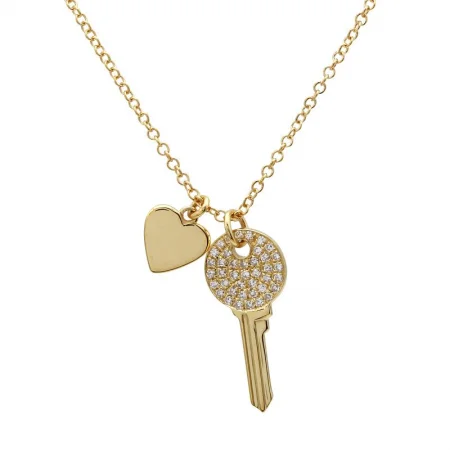 simple crystal earrings 14K Yellow Gold Mini Diamond Key and Heart Pendant