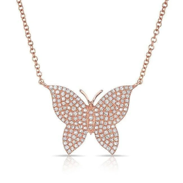 solid gold cartilage hoop 14K Rose Gold Pave Diamond Butterfly Necklace