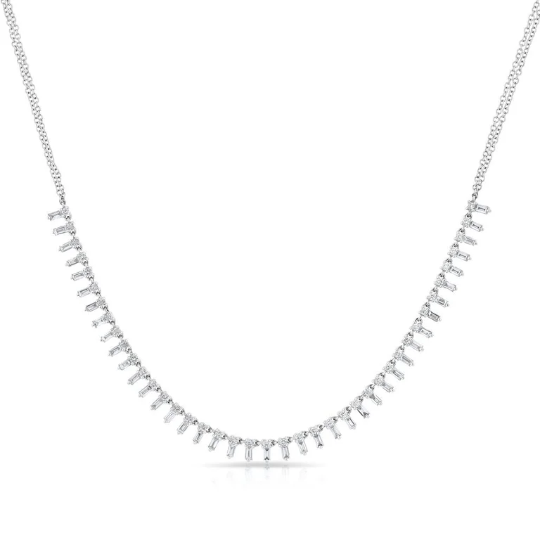 classic pearl strand necklace 14K White Gold "Queen" Baguette Diamond Necklace