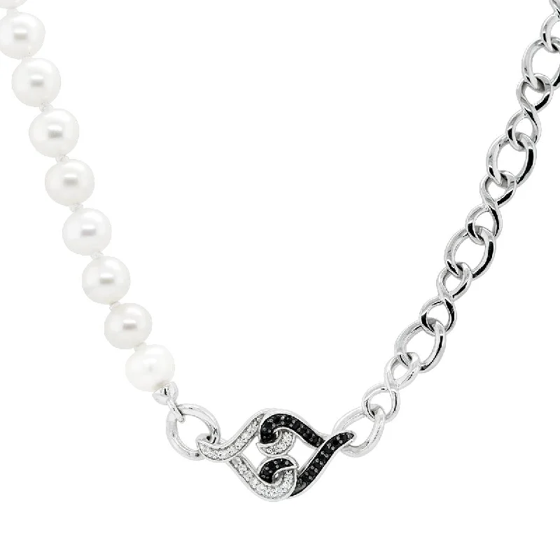 STERLING SILVER DOUBLE HEART NECKLACE WITH BLACK AND WHITE SAPPPHIRE AND PEARLS