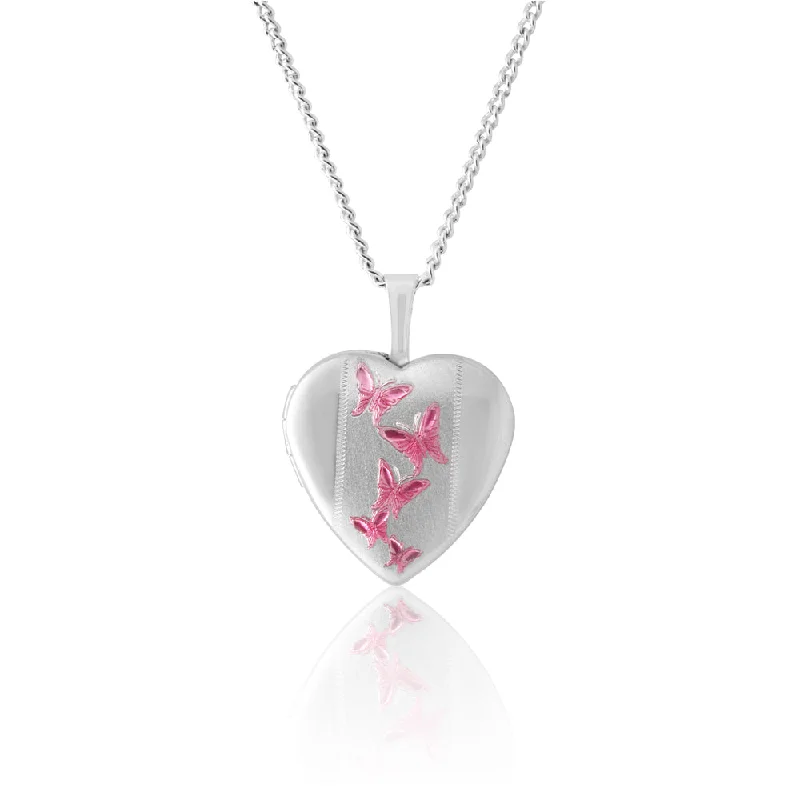 emerald-cut engagement ring halo Sterling Silver Pink Butterfly Heart Locket