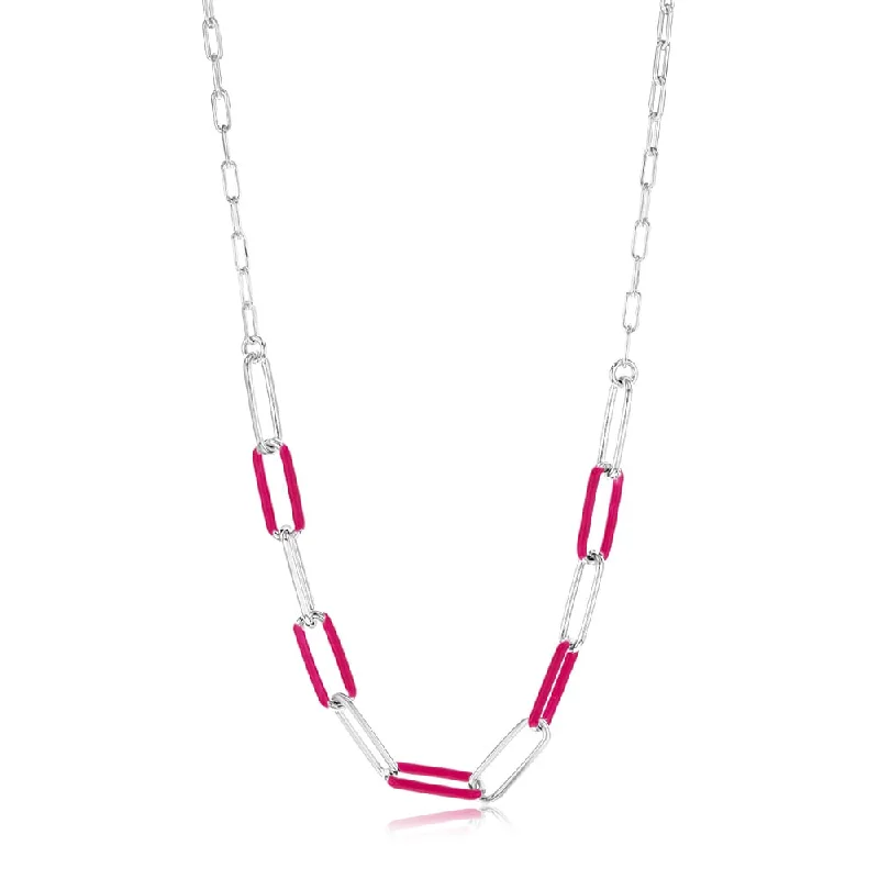 elegant art deco necklace Sterling Silver Pink Enamel On Fancy 40cm Chain