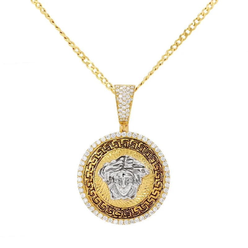 TWO-TONE MEDALLION PENDANT WITH GREEK KEY DETAILING AND DIAMONDS, .80 CT TW