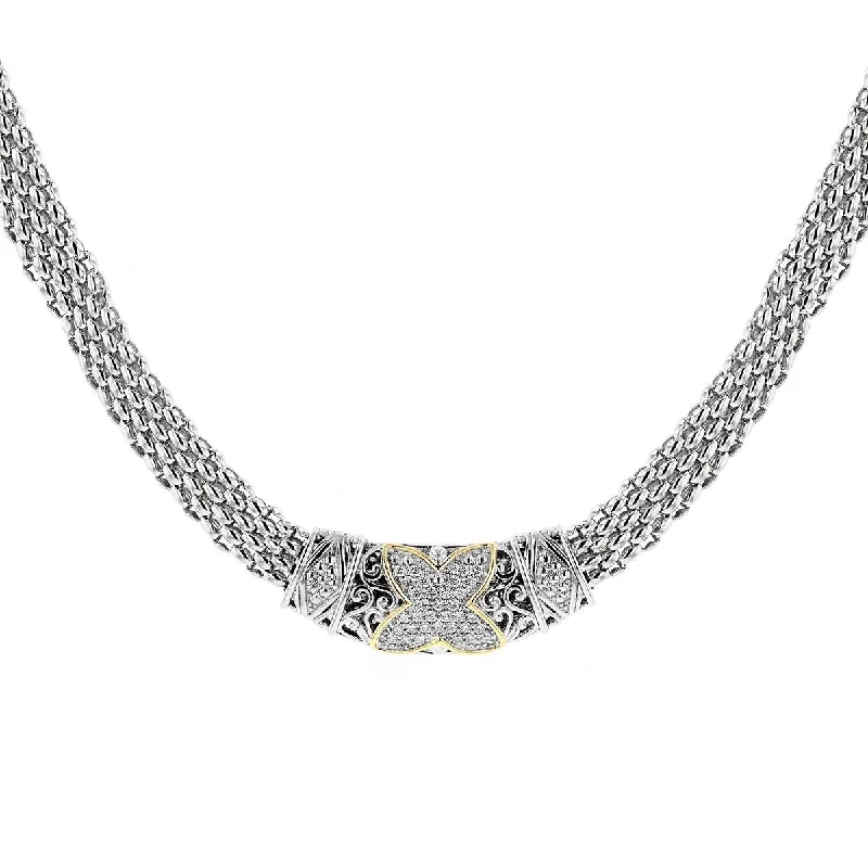 classic cubic zirconia pendant VINTAGE STYLE SILVER WIDE CHAIN NECKLACE WITH DIAMONDS AND GOLD, .50 CT TW classic cubic zirconia pendant VINTAGE STYLE SILVER WIDE CHAIN NECKLACE WITH DIAMONDS AND GOLD, .50 CT TW