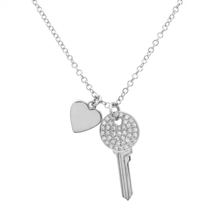 gold-plated figaro chain 14K White Gold Mini Diamond Key and Heart Pendant