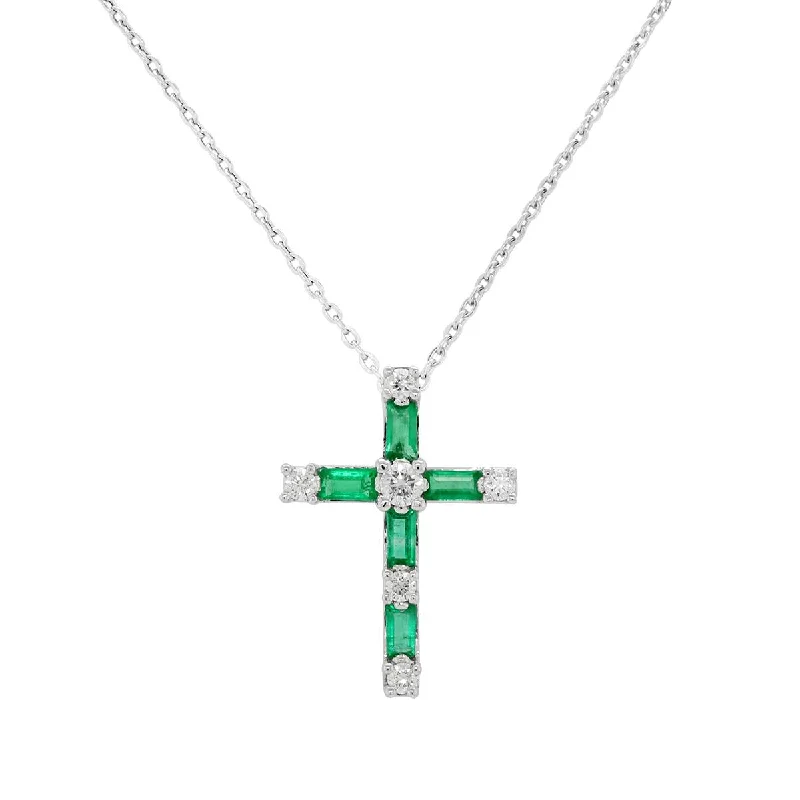 WHITE GOLD CROSS PENDANT WITH BAGUETTE EMERALDS AND ROUND DIAMONDS, .15 CT TW