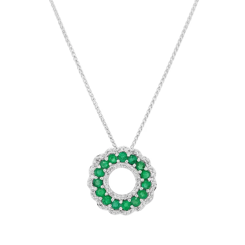 WHITE GOLD ROUND CUT EMERALD AND DIAMOND PENDANT NECKLACE, .18 CT TW