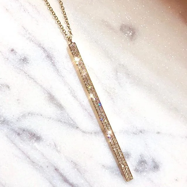 minimalist disc pendant necklace 14K Yellow Gold Diamond Long Bar Drop Necklace