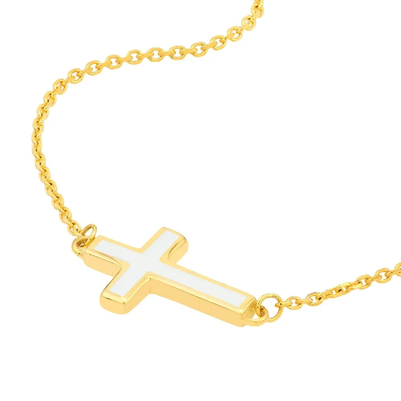 YELLOW GOLD AND WHITE ENAMEL SIDEWAYS CROSS PENDANT NECKLACE