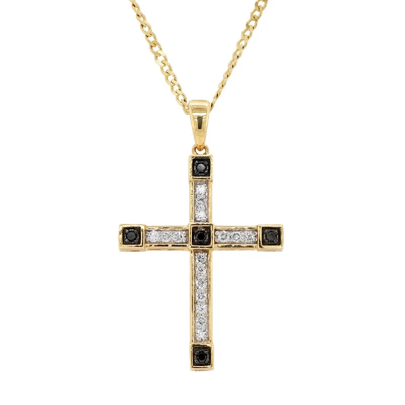 YELLOW GOLD CROSS PENDANT WITH BLACK AND WHITE DIAMONDS, 3/8 CT TW