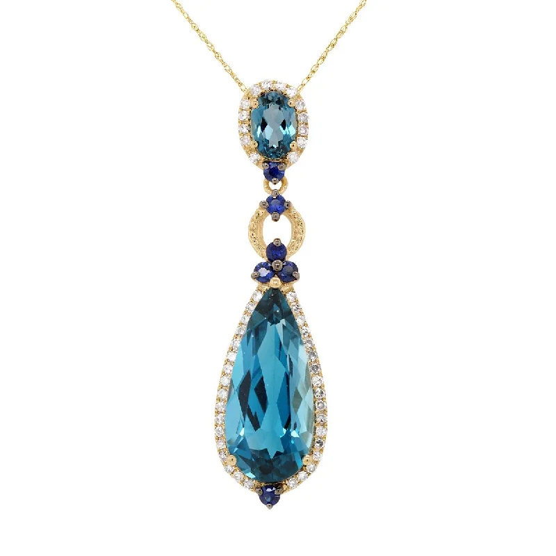 YELLOW GOLD NECKLACE WITH BLUE TOPAZ, SAPPHIRE AND DIAMOND PENDANT, .23 CT TW